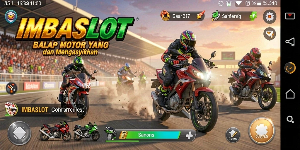 Screenshot gameplay IMBASLOT yang menampilkan balapan motor yang mendebarkan.