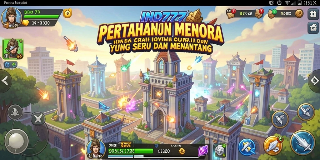 Screenshot gameplay IND777 menunjukkan menara bertahan melawan gelombang musuh.