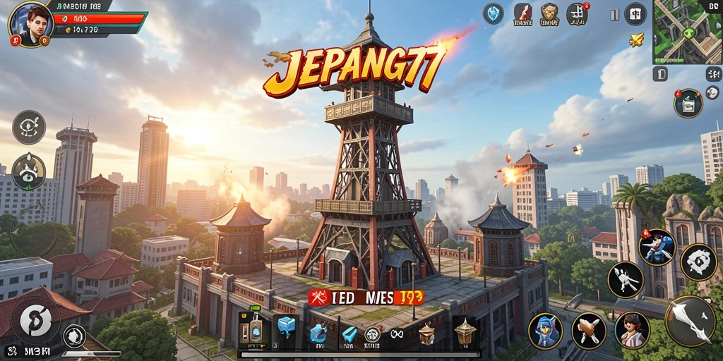 Screenshot gameplay menegangkan dari JEPANG77 yang menunjukkan pertahanan menara.