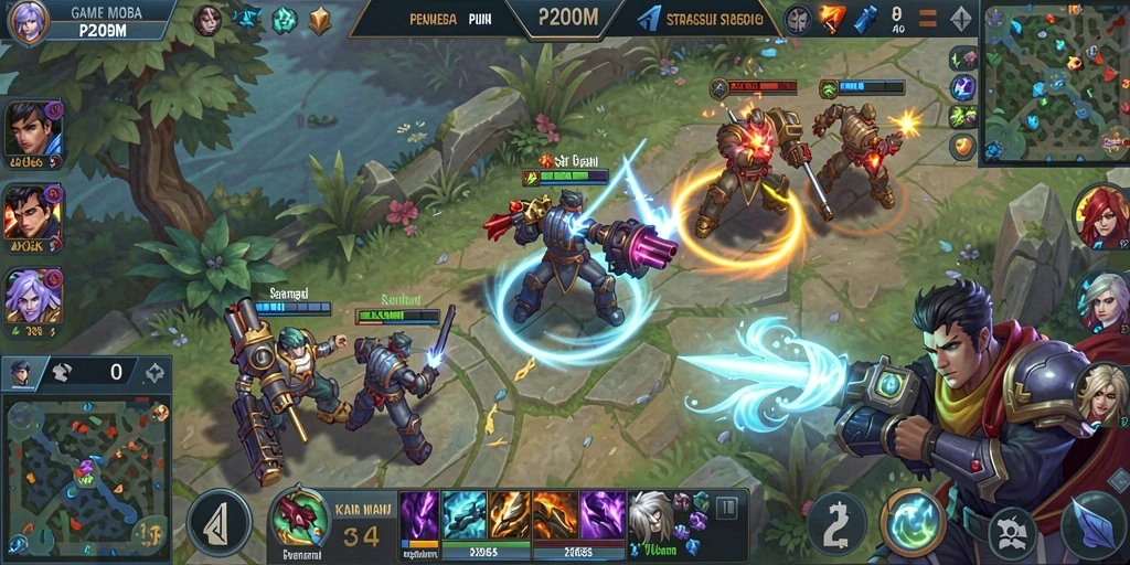 Tangkapan layar gameplay P200M yang menunjukkan aksi intens dalam pertempuran MOBA.