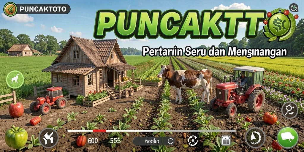 Screenshot gameplay PUNCAKTOTO menunjukkan ladang hijau dan hewan ternak.