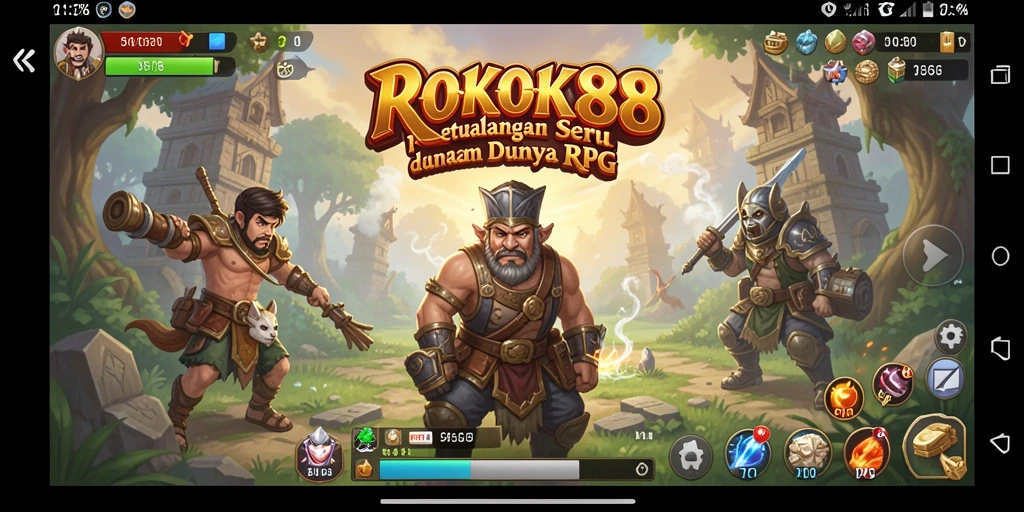 Screenshot gameplay ROKOK88 menampilkan pertarungan epik dengan monster dan karakter yang beragam.