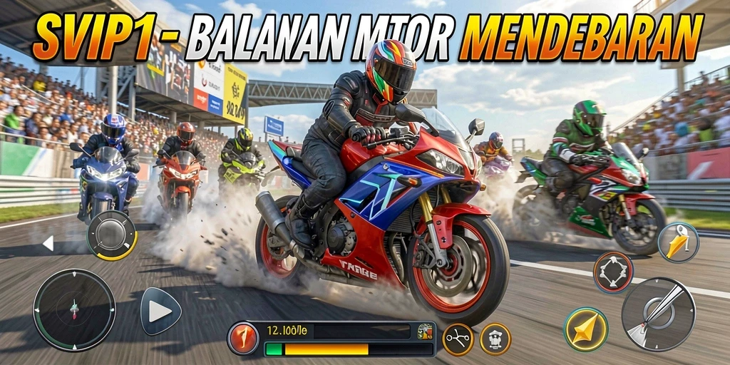 Menampilkan gameplay balapan motor yang seru dan mendebarkan.