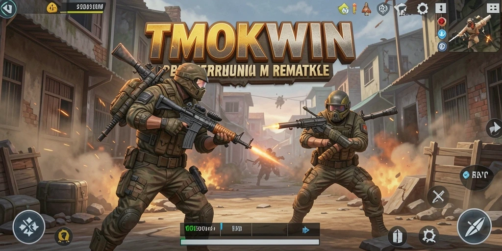 Screenshot utama TMOKWIN menampilkan aksi seru pertarungan Battle Royale.